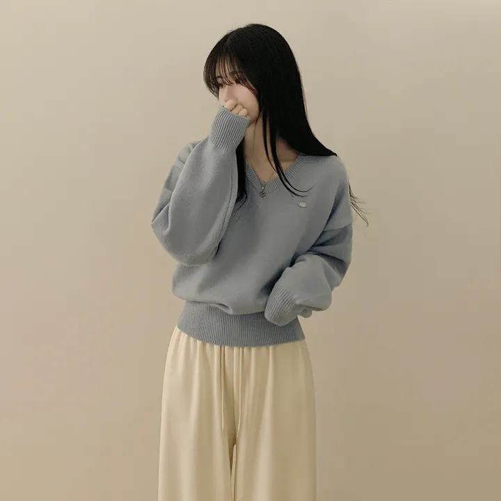 [파스텔색감💭/도톰폭닥~] 와펜포인트 아방핏 브이넥 루즈핏 허리잘록 긴팔니트 상세 이미지 15