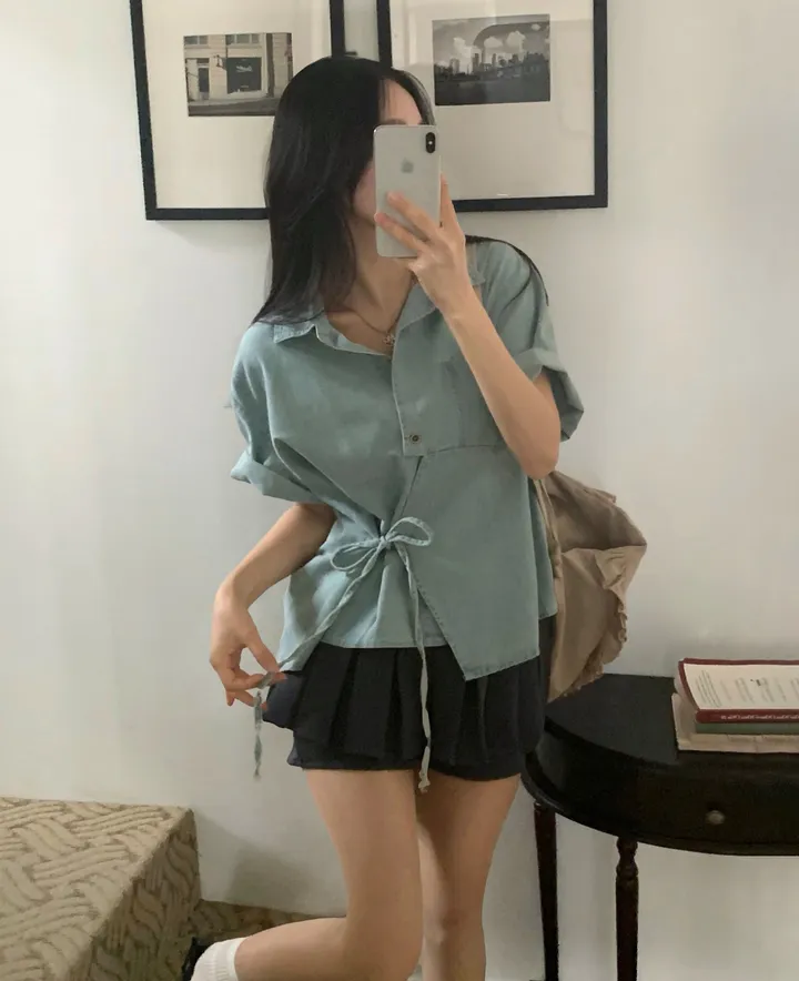 [단독판매🤍/리본포인트!] 데님 사이드 리본 포인트, 루즈핏 카라셔츠 남방 - 2color 상세 이미지 18