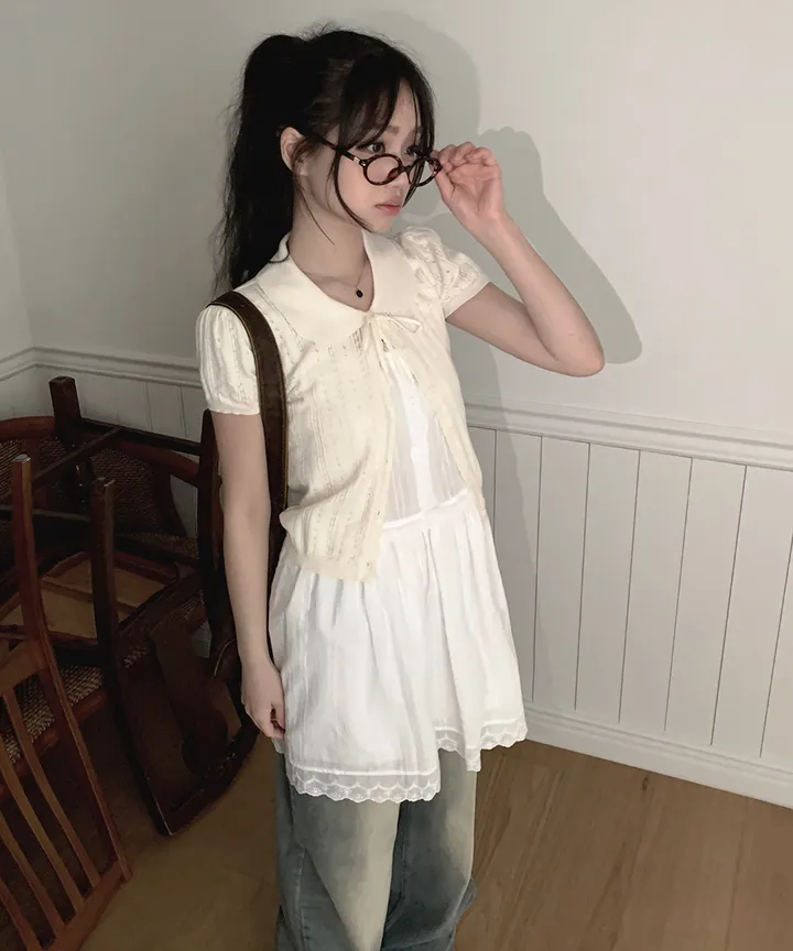 [러블리🌷반팔가디건] 게일 둥근 카라 리본 스트랩 크롭 반팔 가디건 봄 여름 가을 / 여름가디건 남방 크롭티 반팔티 흰티 이너티 아우터 뮤잉 상세 이미지 17