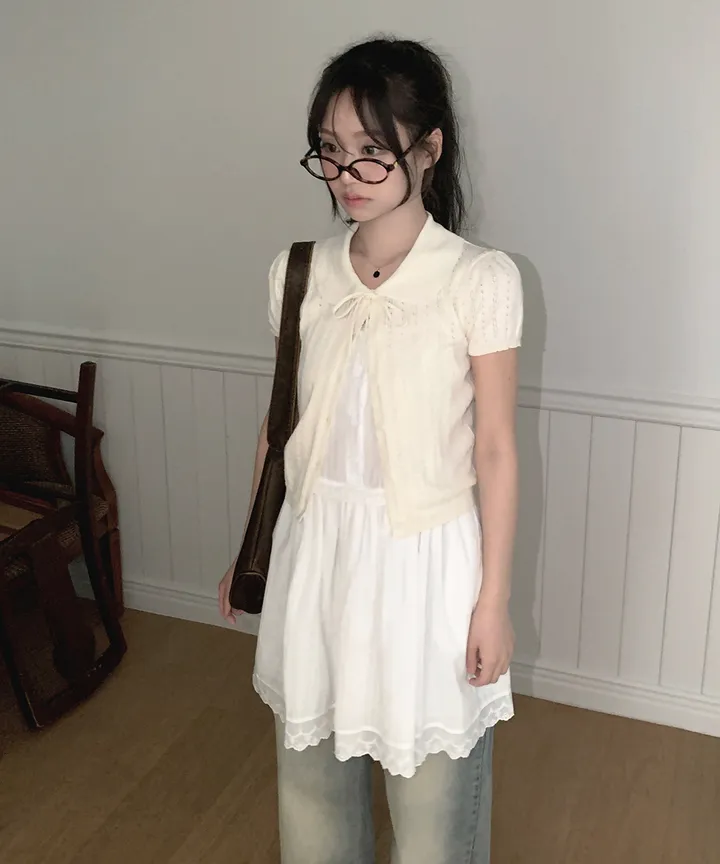 [러블리🌷반팔가디건] 게일 둥근 카라 리본 스트랩 크롭 반팔 가디건 봄 여름 가을 / 여름가디건 남방 크롭티 반팔티 흰티 이너티 아우터 뮤잉 상세 이미지 16