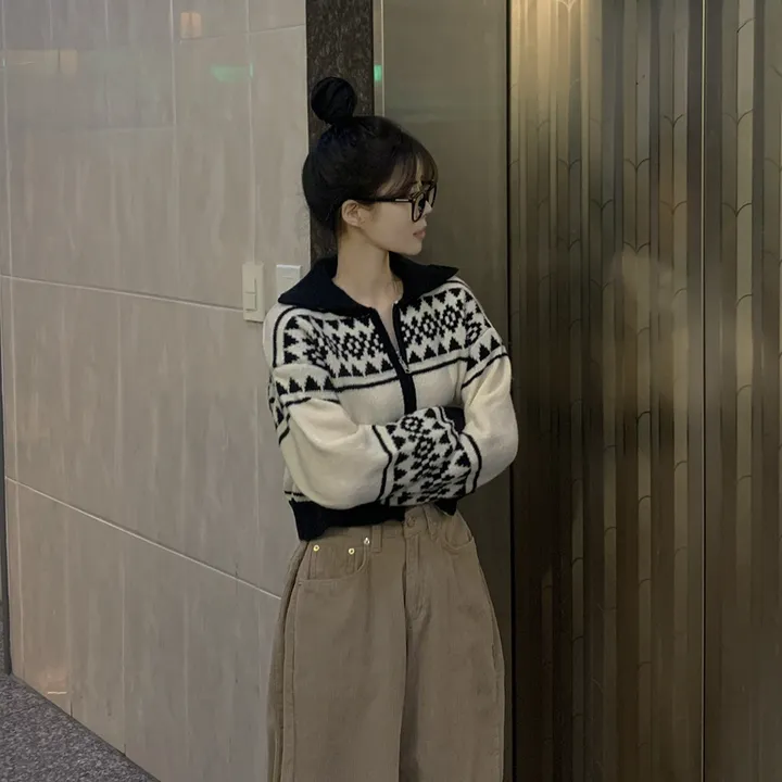 [노르딕🩶] 자가드 투웨이 배색 카라 니트집업 크롭가디건 상세 이미지 5