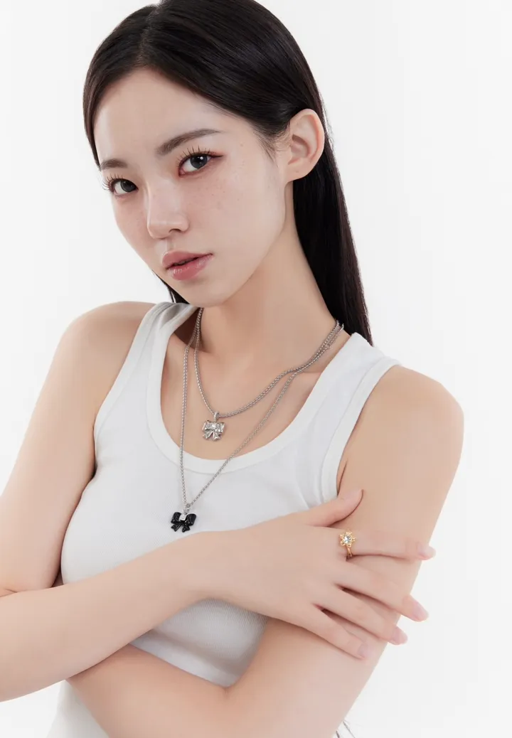 [신상할인]큐빅 블랙 실버 리본 목걸이 상세 이미지 5