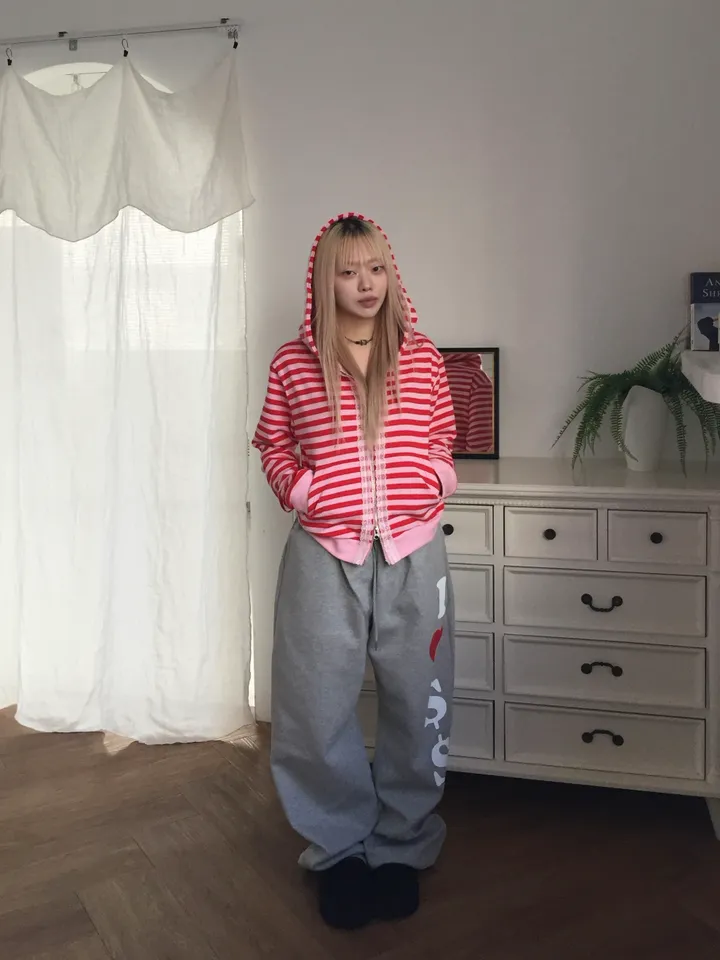 striped lace hooded zip-up [3color] 상세 이미지 6