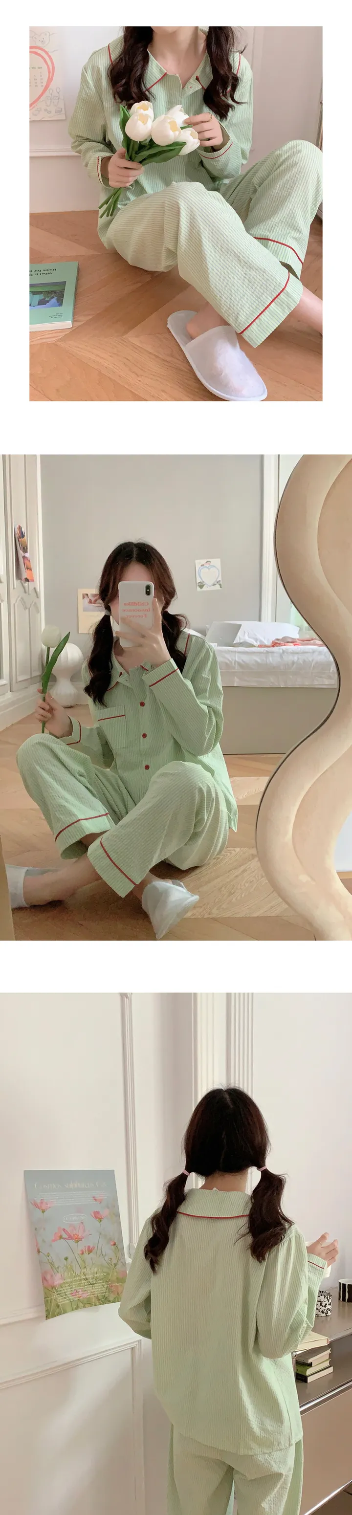 봄날의꽃 긴팔 파스텔 잔줄 상하세트 4컬러 잠옷 홈웨어 상세 이미지 4