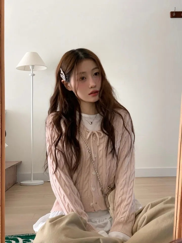 [리본스트랩ෆ]레이플 무드 루즈 여리핏 꽈배기 케이블 니트 리본 가디건 5color 상세 이미지 23