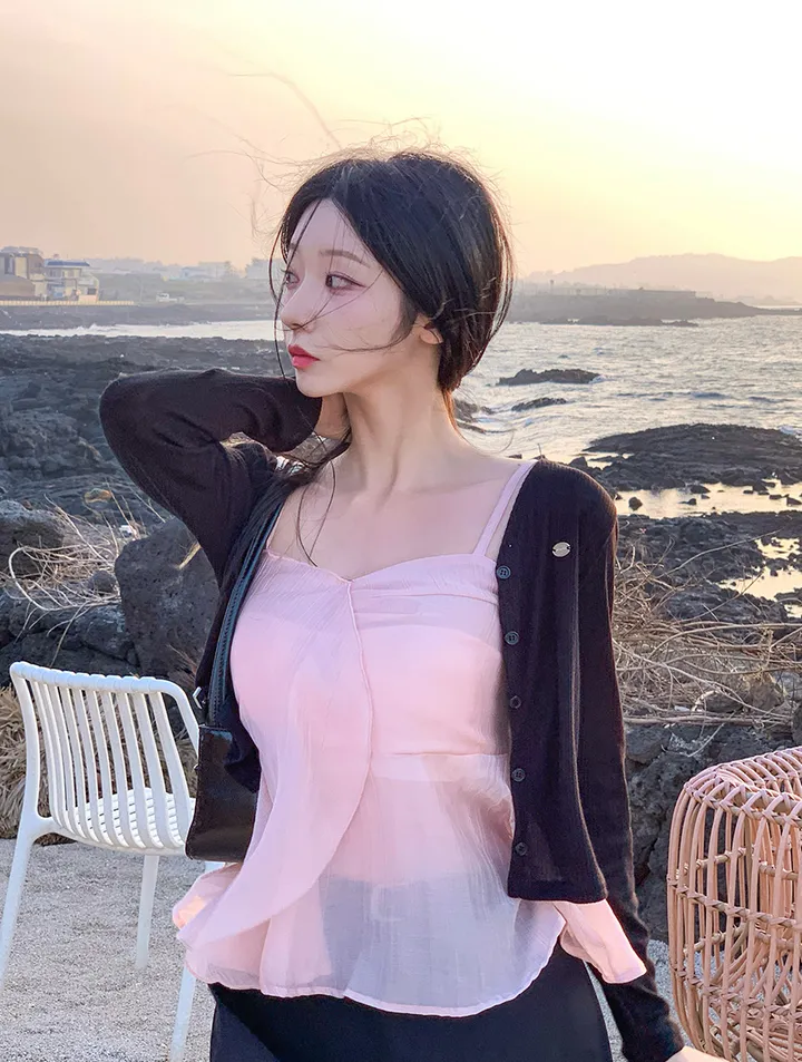 [살랑살랑❤️] 팬던트 시스루 크롭 가디건 - 5color (살안타템/데일리/골지/파스텔/브이넥/긴팔/아이스/후들후들핏) 상세 이미지 14