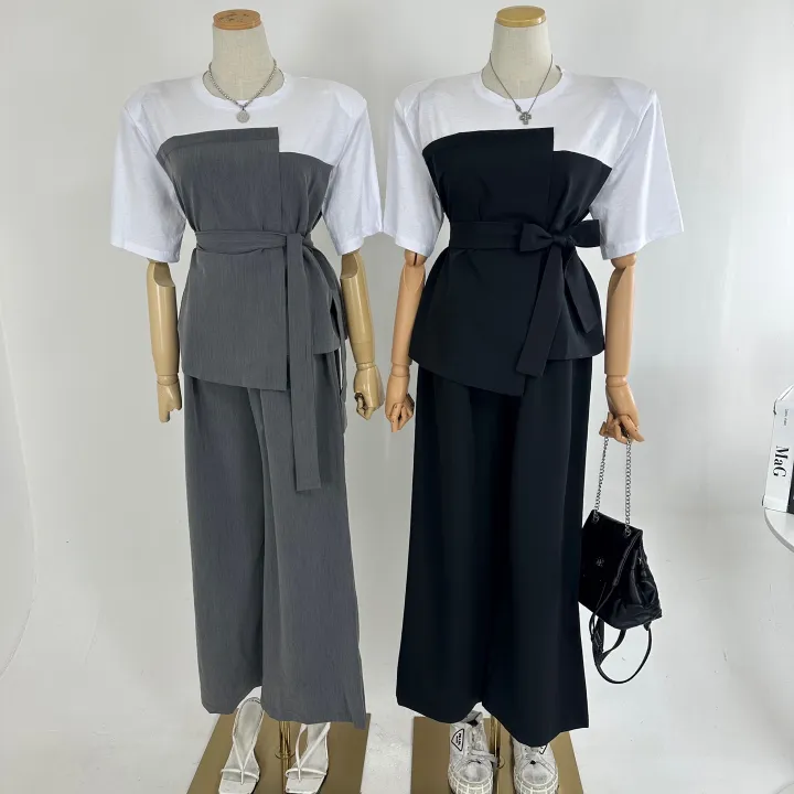 벨트포함[고퀄/패드내장/세트가격/하객룩/오피스룩/격식룩/추천] 루즈핏 언발 레이어드 셔츠 반팔 블라우스 패드 벨트 티셔츠+하이 밴딩 롱 슬랙스 와이드팬츠 셋업 SET(2COLOR) 상세 이미지 4