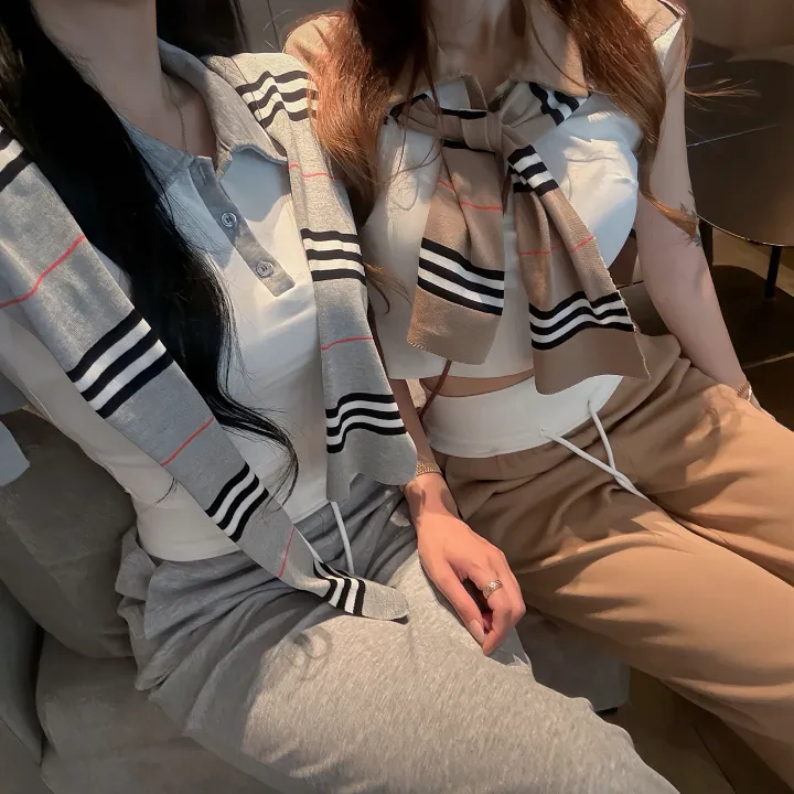 [수입/쓰리피스/숄가디건SET] B 체크 숄 니트 가디건 + 배색 카라 크롭 캡소매 스판 나시 + 하이 배색 잘록 롱와이드팬츠 세트 (2COLOR) 상세 이미지 15
