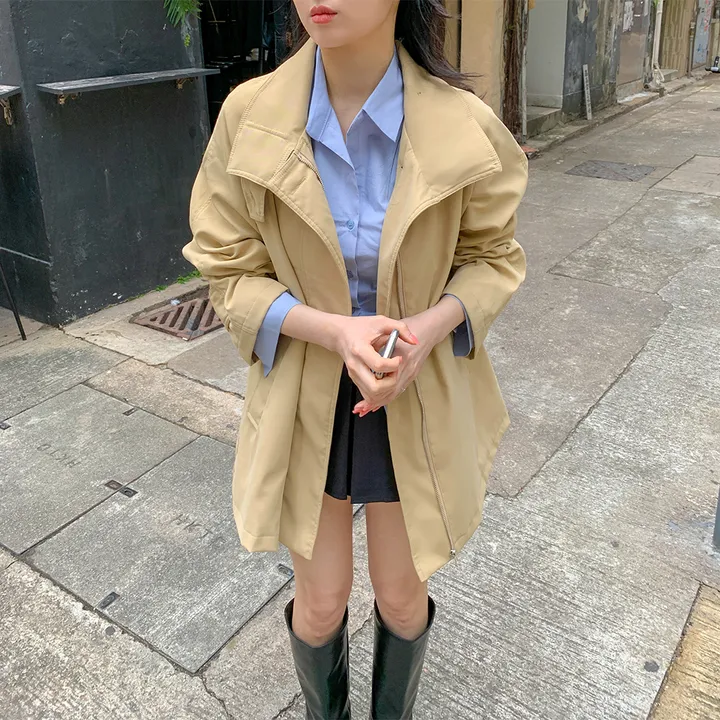 [귀욤아방핏🤎완전강츄] 하이넥 하프 숏 트렌치코트 오버핏 루즈핏 A라인 케이프 바바리 자켓 야상 점퍼 봄 가을 간절기 아우터 데일리룩 2COL 상세 이미지 19