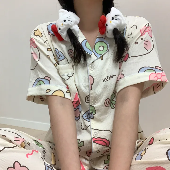 [3피스/빅사이즈도있어용!] 귀여운 리본 고양이 키티 캐릭터 집순이 생일선물 반팔 반바지 긴바지 쓰리피스 잠옷 세트 상세 이미지 8