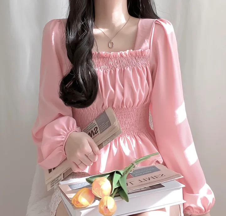 [체형보정/살랑쉬폰] 샤인 스퀘어넥 프릴 셔링 스모크 밴딩 퍼프 블라우스 상세 이미지 23