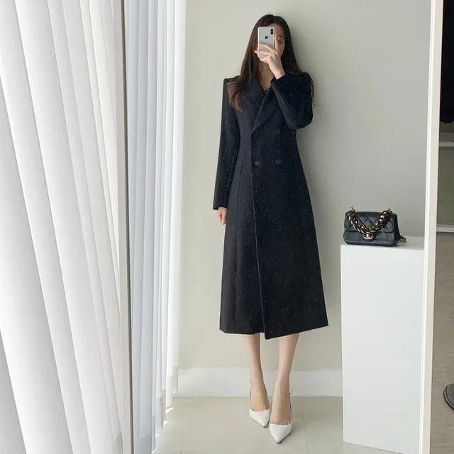 A라인 슬림 롱 플레어 더블 버튼 울코트 블랙 베이지 상세 이미지 30