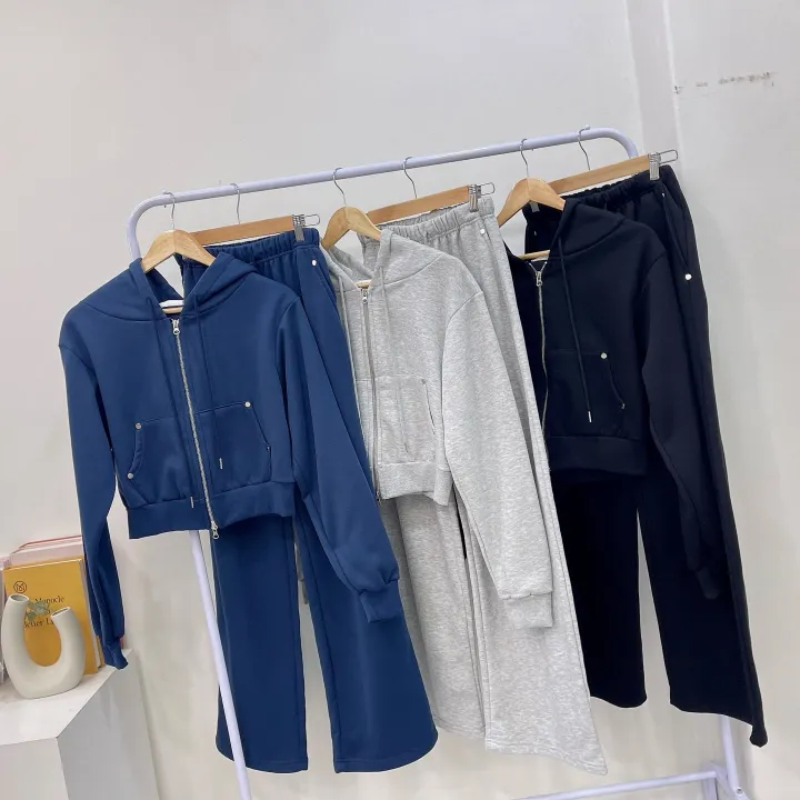 [Set/국내제작!]*핏보장* 리벳 찡 버튼 투웨이 후드집업+와이드팬츠 밴딩 루즈핏 반크롭 캐주얼 꾸안꾸 데일리 봄 가을 유니크 고퀄리티 리벳 트레이닝 세트 3color 상세 이미지 23