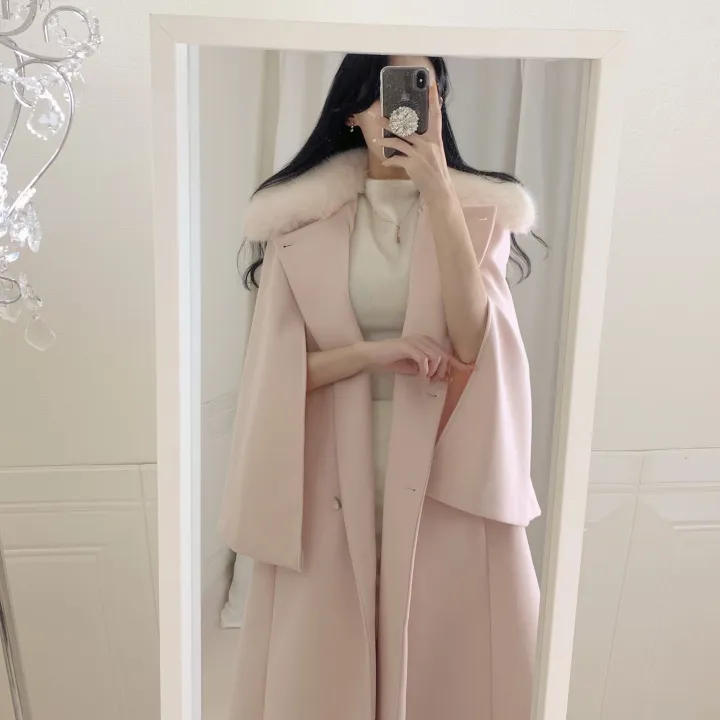 [롱케이프코트💗/고퀄보장✨] 롱VER. 알콩 울 캐시미어 폭스퍼 페이크퍼 밍크퍼 누빔안감 케이프 벨트 버튼 고급 우아 롱 판쵸 코트 망토 자켓 (4color) 연말룩 크리스마스 상세 이미지 3