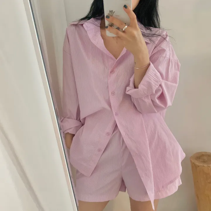 SET] ピンクストライプシャツ＆ショートパンツセット