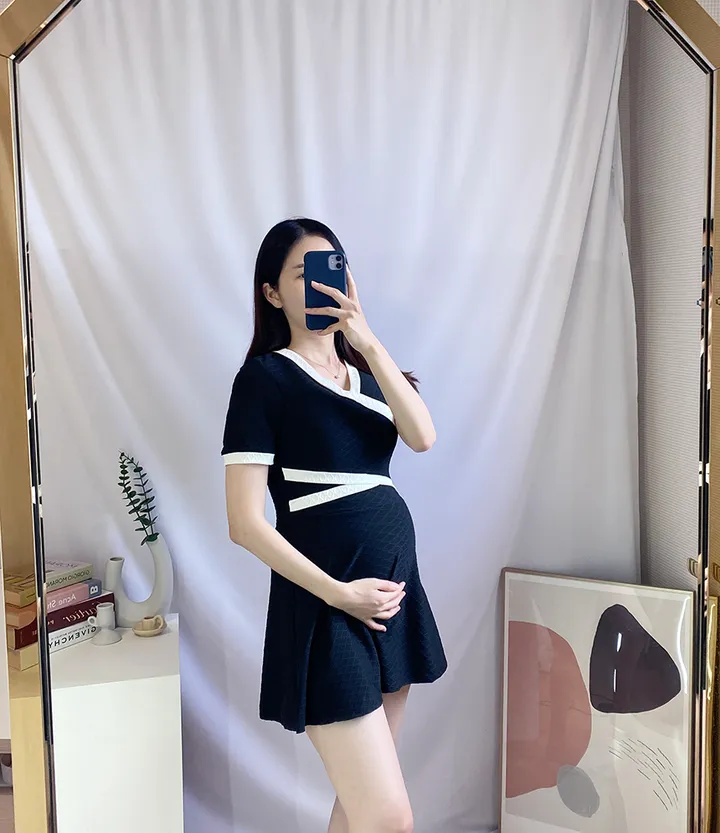 [속바지세트/3size] 클래식 배색 랩 원피스 수영복 반팔 빅사이즈 모노키니 만삭 임산부 태교여행 임부복 상세 이미지 3
