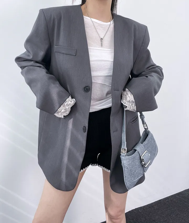 *핏대박레이스자켓* 봄옷 자켓 오버핏 레이어드 레이스 노카라 자켓 박시핏 봄아우터 봄자켓 레이스자켓 상세 이미지 38