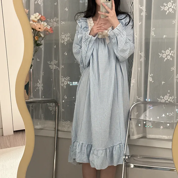 [당일출고/3컬러] 루즈핏 귀여운 스몰 체크 오버핏 긴팔 원피스 파자마 잠옷 상세 이미지 10
