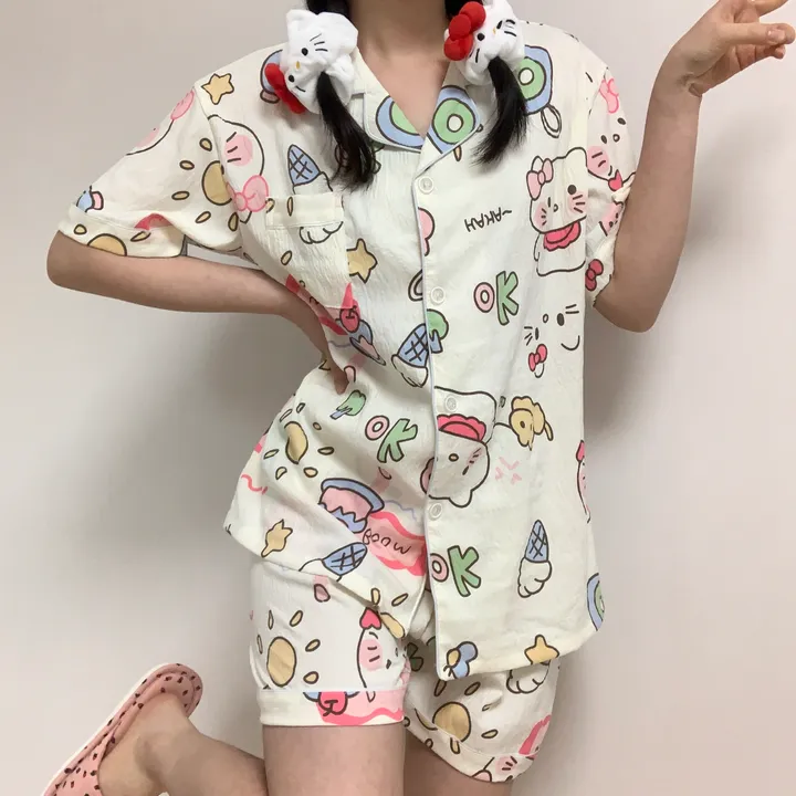 [3피스/빅사이즈도있어용!] 귀여운 리본 고양이 키티 캐릭터 집순이 생일선물 반팔 반바지 긴바지 쓰리피스 잠옷 세트 상세 이미지 5