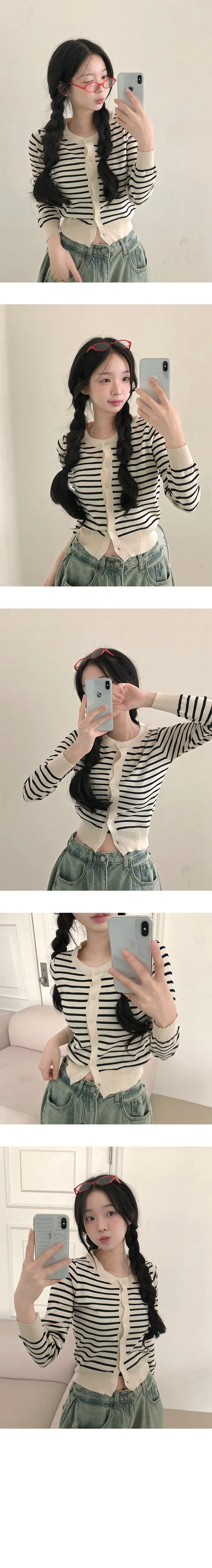 *묶음할인[간절기템/허리잘록] 단가라 라운드넥 긴팔가디건 상세 이미지 3