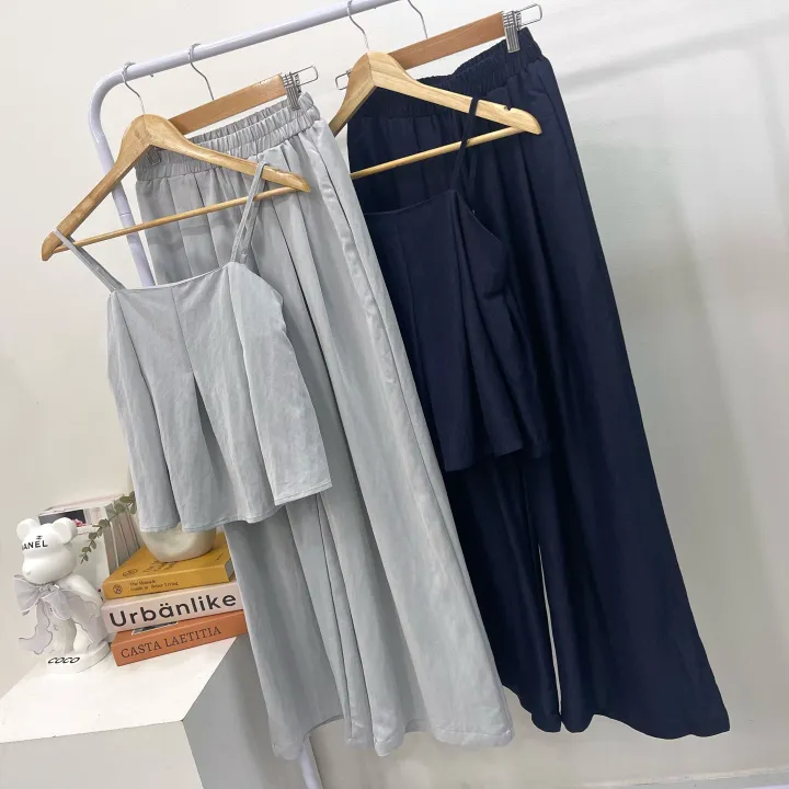 [봄여름/set]*무지* 프릴 뷔스티에 세트 나일론 레이온 프리사이즈 고급스러운 와이드롱팬츠 핀턱 밴딩 바지 드라이클리닝 끈나시 끈조절 데일리 기본 코코바지세트 2color 상세 이미지 15