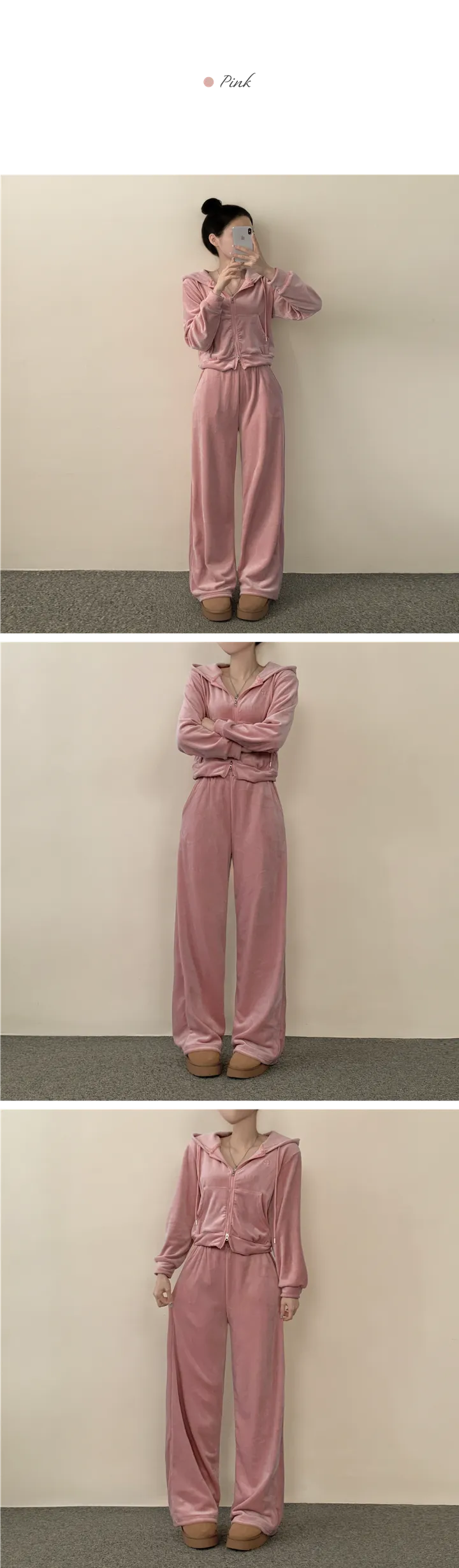 [세트가격✨/부드러운] 자수 벨벳 크롭 투웨이 후드집업 + 밴딩 와이드 팬츠 트레이닝 세트 4color 상세 이미지 4