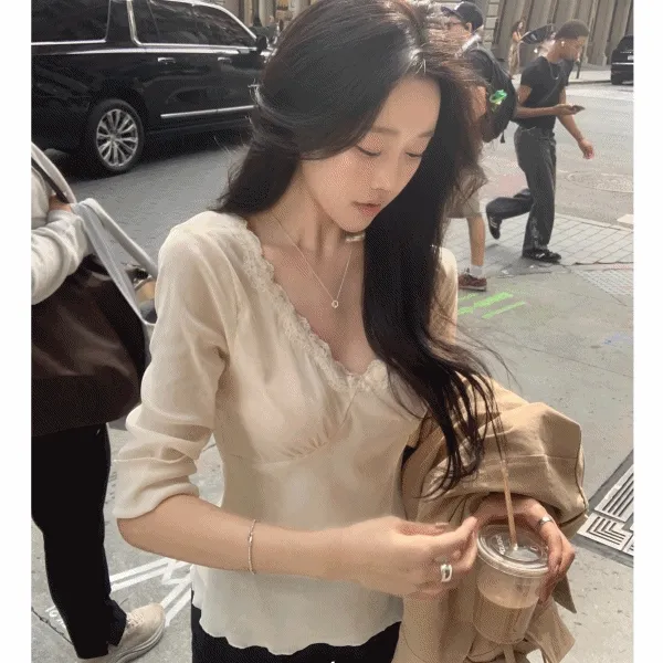 [벨벳🫧/7부] 메리 벨벳 레이스 브이넥 7부 가을티-4col