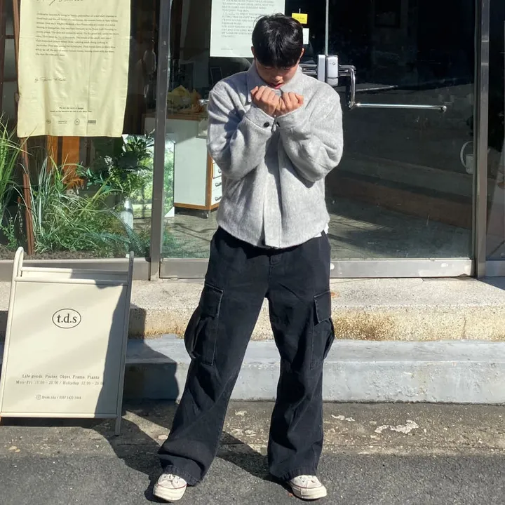 [캐주얼] 배색 남자 커플 오버핏 부클 털 모헤어 울 숏 하프 반 크롭 코트 점퍼 자켓 상세 이미지 35