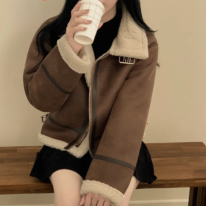 [양털안감/고퀄🤎] 스웨이드 크롭 버클 하이넥무스탕 퍼카라 뽀글이자켓 세무 점퍼 상세 이미지 19