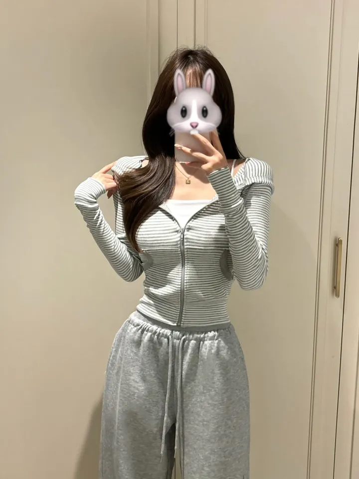 [개말라핏/슬림여리] 스트라이프 단가라 골지 긴팔 후드집업 봄신상 (2color) 상세 이미지 1