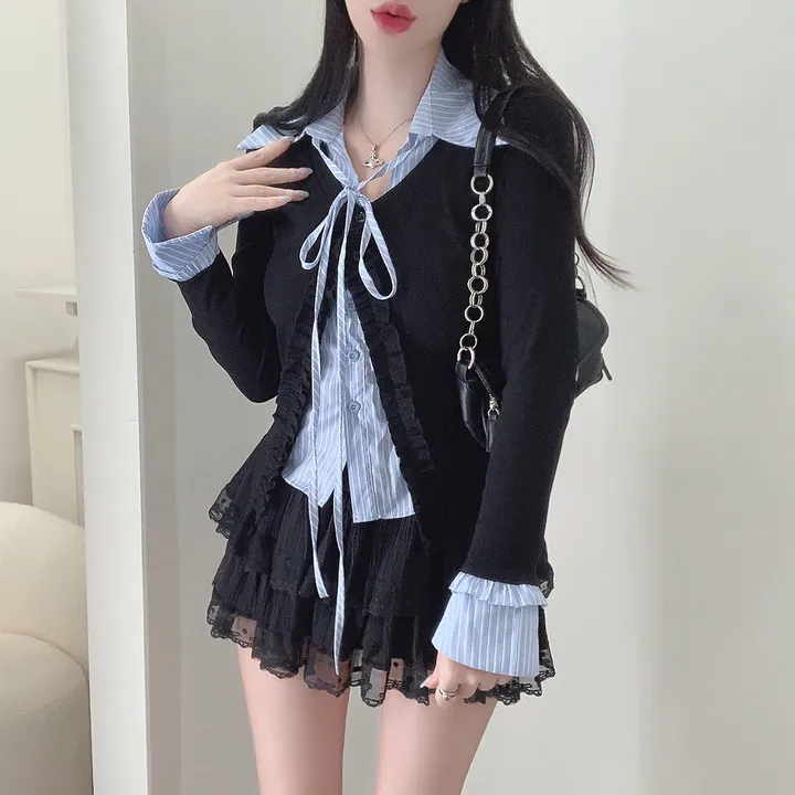 [3COLOR/셔츠일체형] 유닛 스트라이프 셔츠&프릴가디건 레이어드세트/버닝블루 상세 이미지 14