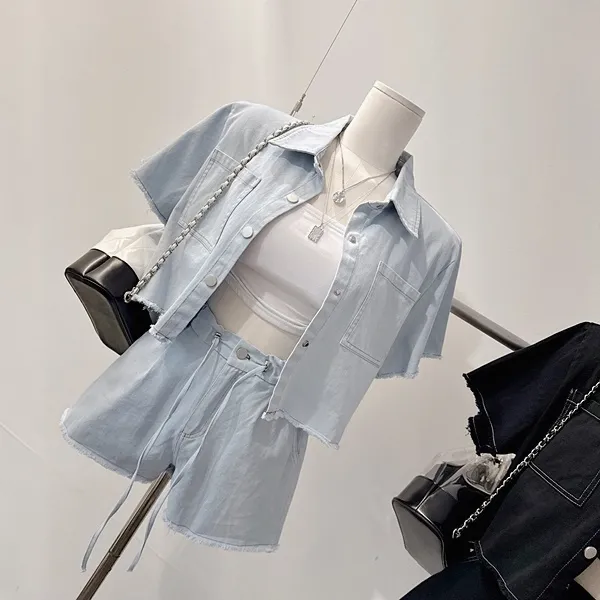 *최저가* [세트가격!/하객룩!] 드뷔 스티치 데님자켓 청자켓 데님셔츠 셔츠카라 버튼 포켓 반팔자켓 크롭자켓 스트링 밴딩 하이웨스트 와이드 반바지 숏팬츠 여름투피스 세트 데님세트 상세 이미지 41