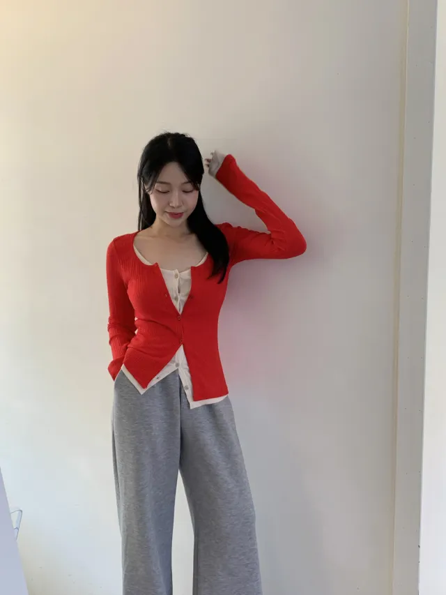 시선 골지 레이어드 배색 단추 가디건 티셔츠4color 상세 이미지 39