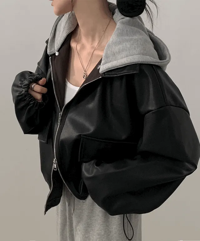 [탈부착후드/핏최고] 투웨이! 오버핏 후드 레더자켓 크롭점퍼