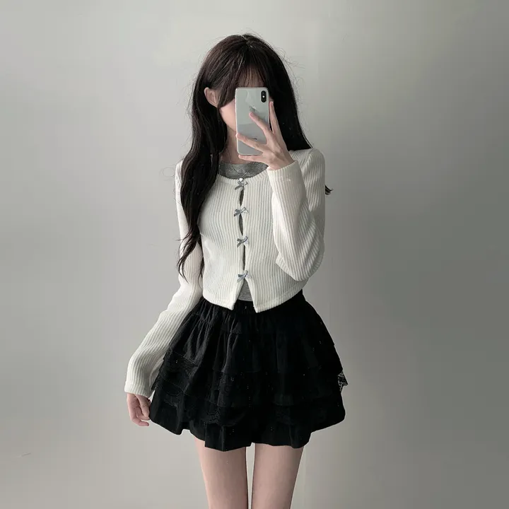 *봄가을ver추가* [코디세트/완전귀여운!] 뮤즈 보들 리본 트임 홀터넥 나시 레이어드 일체형 니트 + 슈아 밴딩 골지 레이스 캉캉 스커트 투피스 세트 상세 이미지 4