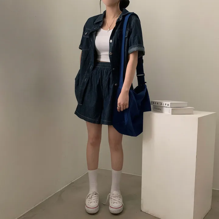 [세트가격/2사이즈!] 포토그래퍼 데님 오버핏 반팔셔츠+반바지 셋업,투피스 상세 이미지 10