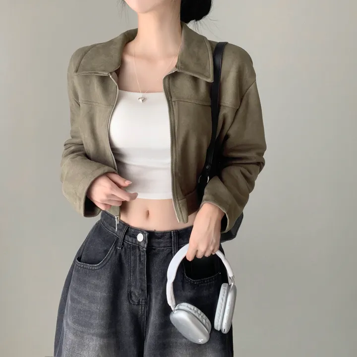 [갓성비템/보들원단!] 메드 카라 스웨이드 절개 긴팔 숏 크롭 자켓 점퍼 상세 이미지 19