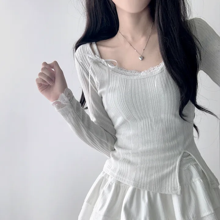 [은은한펄/러블리] 트윙클 골지 슬릿 펄 긴팔 티셔츠+레이스 리본 나시&슈아 밴딩 캉캉 미니 스커트 투피스 쓰리피스 코디세트 단품 세트 상세 이미지 19