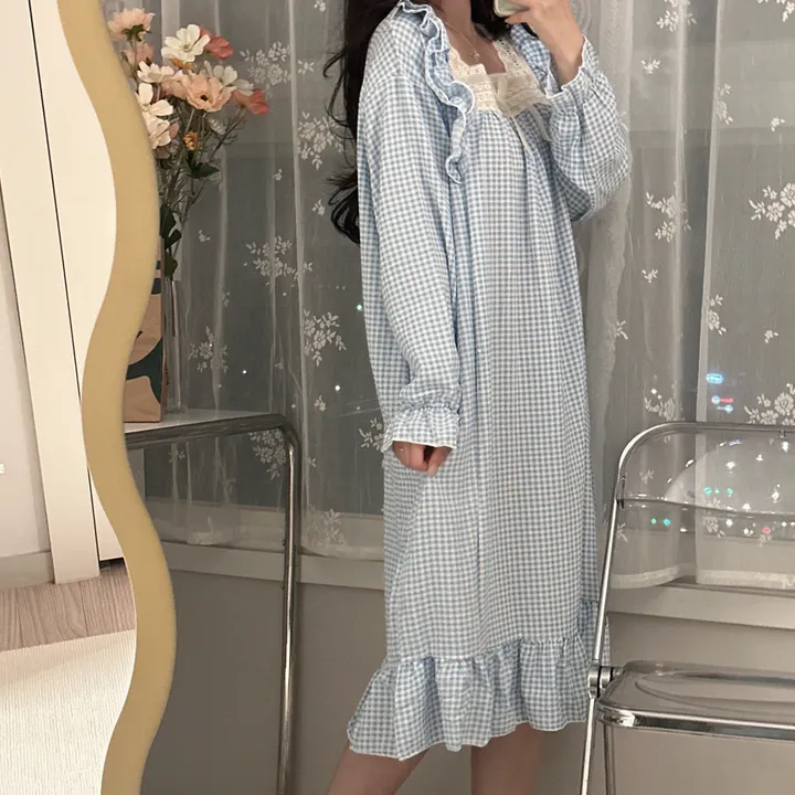 [당일출고/3컬러] 루즈핏 귀여운 스몰 체크 오버핏 긴팔 원피스 파자마 잠옷 상세 이미지 11
