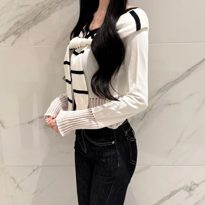 [페이크숄/일체형] 단가라 세라 배색 니트 가디건 상세 이미지 4