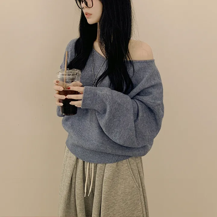 [청순힙✨폭닥] 흐르는 여리핏, 보트 브이넥 오버핏 원오프숄더 아방핏 긴팔니트 빅사이즈 상세 이미지 6