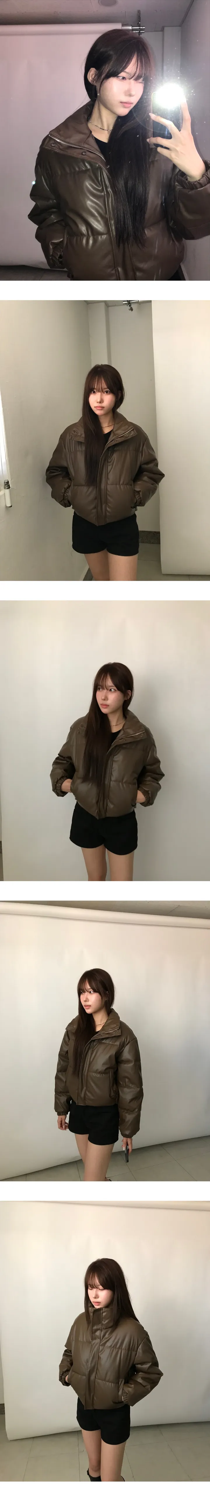 [MD추천/따뜻🖤]스냅 레더 크롭 하이넥 패딩 상세 이미지 5