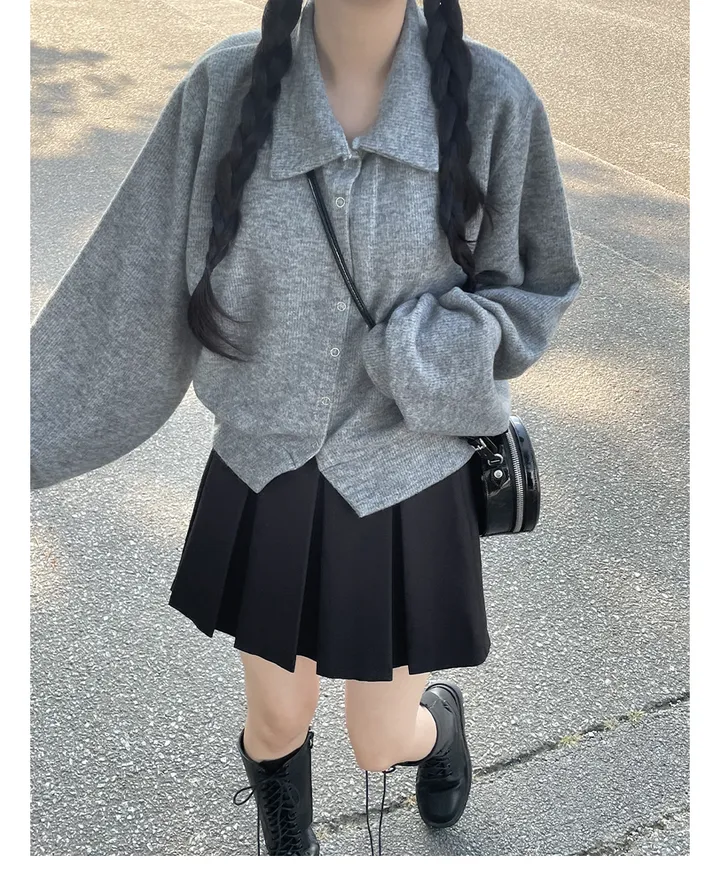 벌룬 카라 루즈핏 스냅 단추 트임 가디건 상세 이미지 2