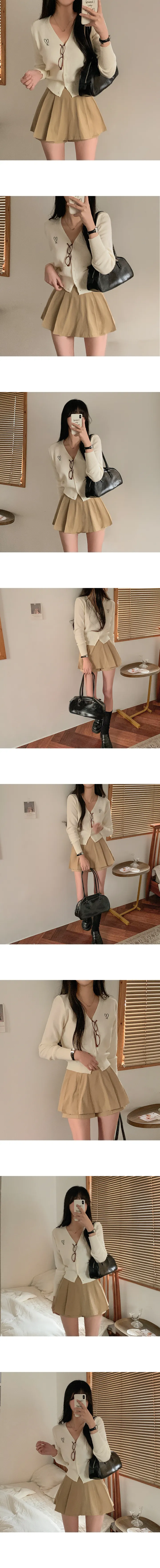 [당일출고/세트/단독구매가능] 브이넥 레이어드 하트 자수 니트가디건 + 치마바지 리본 플리츠스커트 상세 이미지 3