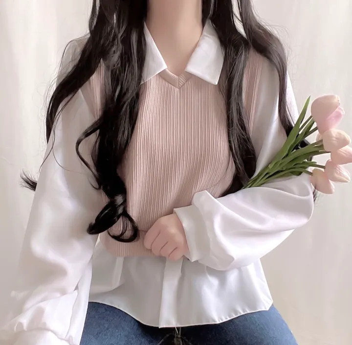 [셔츠+니트 일체형!] 포밍 레이어드 카라 벌룬 배색 니트 블라우스 4color 베이지 핑크 소라 블랙 상세 이미지 8
