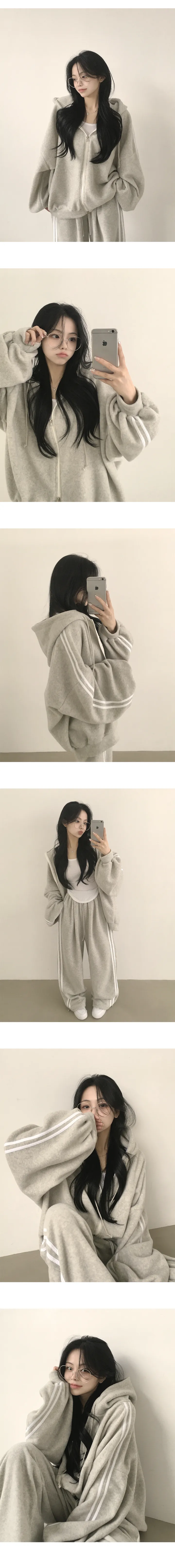 [도톰,포근~/후리스트레이닝세트🤍] 꾸안꾸 정석, 후리스 트랙 오버핏 투웨이 후드집업 + 밴딩 트랙 투웨이 스트링 조거 와이드 트레이닝팬츠 투피스 세트 (5color) 상세 이미지 14