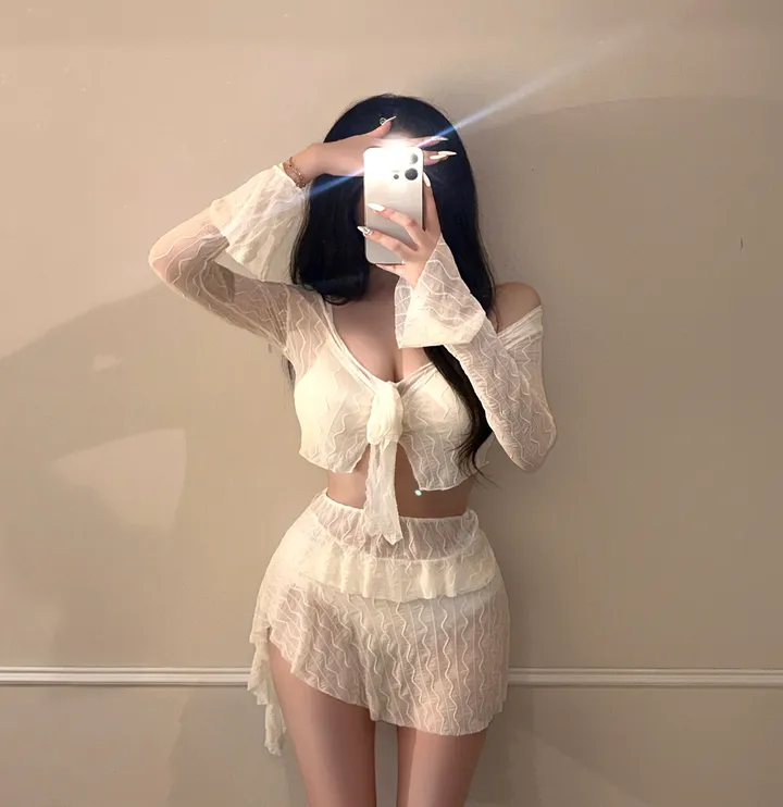 [최저가/군살커버/핏대박!!] 4pcs 커버업 크롭 물결 여리핏 가디건 + 프릴 스판 언발 스커트 세트 섹시 글램 청순 비키니 인생샷 수영복 비치웨어 휴양지 해외여행 시스루 유니크 상세 이미지 5