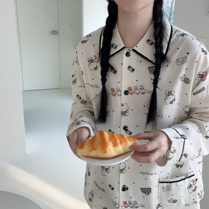 🖤[당일출고/정품/최저가!]🖤 헬로키티 잠옷 파자마 상하세트 면 레이온 봄 가을 박시핏 빅사이즈 오버핏 루즈핏 캐릭터 산리오 땡땡이 도트 원카라 블랙 레이스 선물 파자마파티 상세 이미지 3
