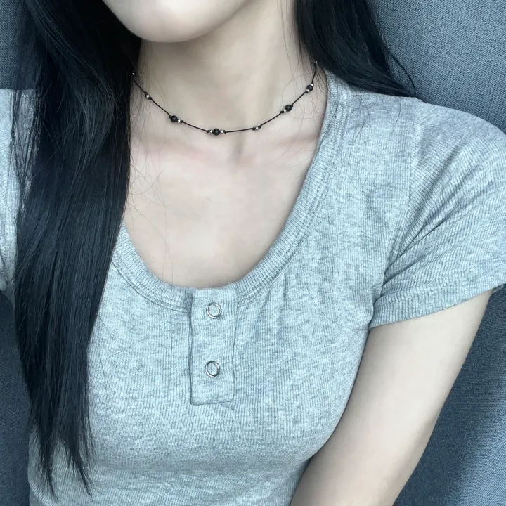 [써지컬] 무채색 블랙 오닉스 원석 써지컬 볼 매듭 끈 초커 목걸이 상세 이미지 3