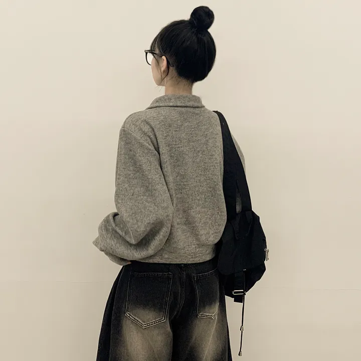 [보들보들🖤/귀여움] 아방핏 카라 스냅 단추 긴팔 세미크롭 벌룬가디건 상세 이미지 5